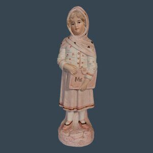 Antique Pink Victorian Era German Bisque Porcelain Girl Figurine Music Bag Book